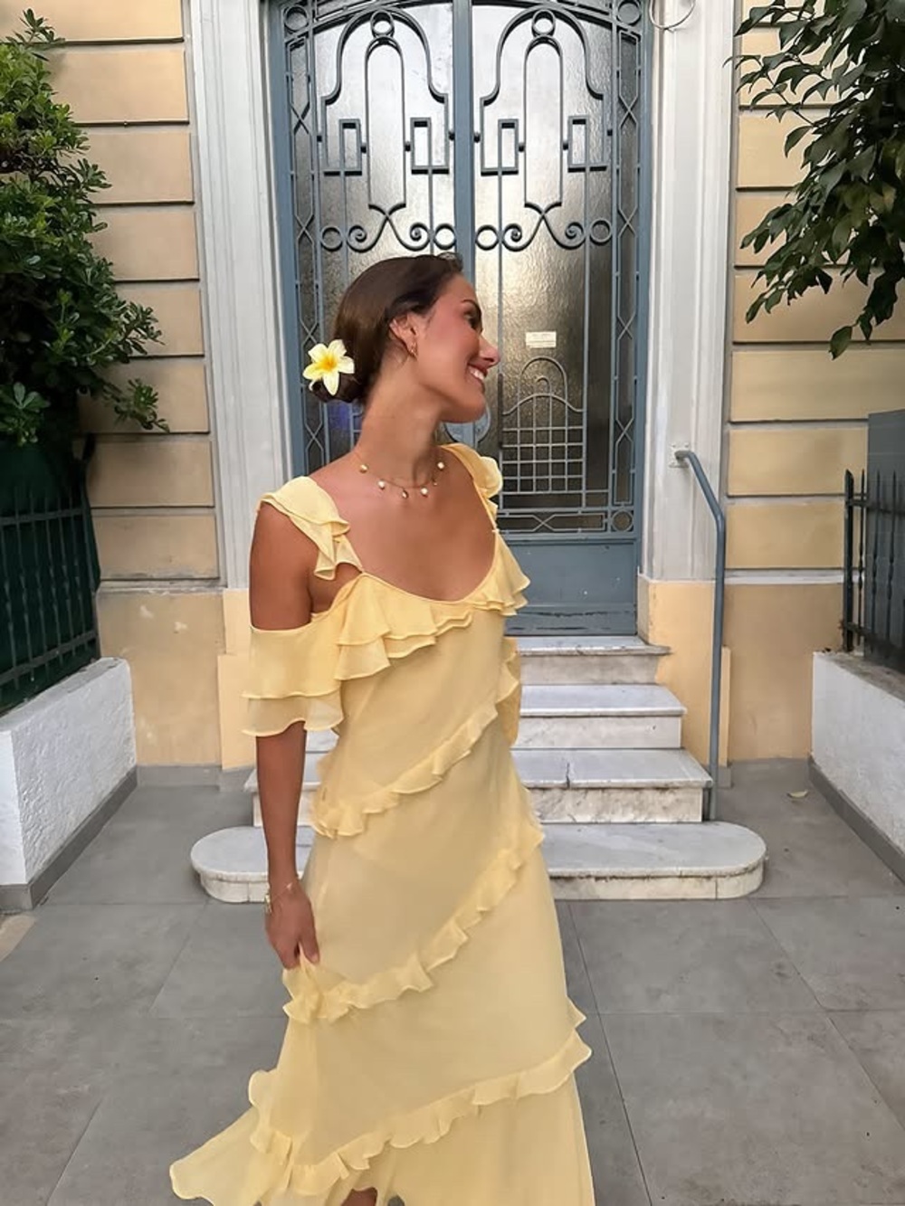 ZARA Yellow Ruffle Cold-Shoulder Maxi Dress